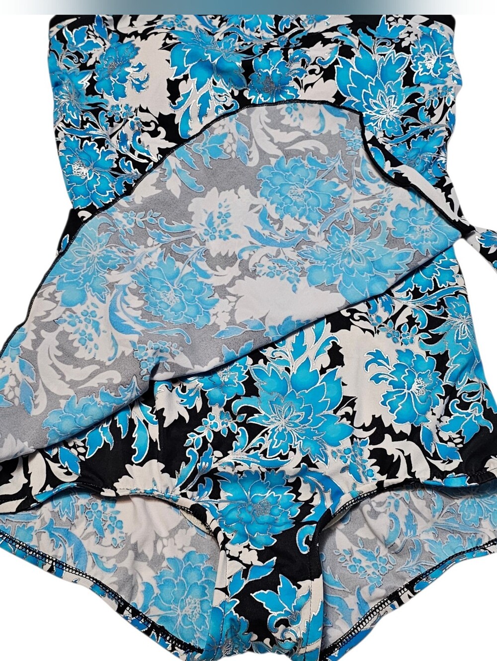 Maxine of Hollywood Swimdress One Piece Swimsuit Blue Floral Metallic Silver  16 - Picture 2 of 8